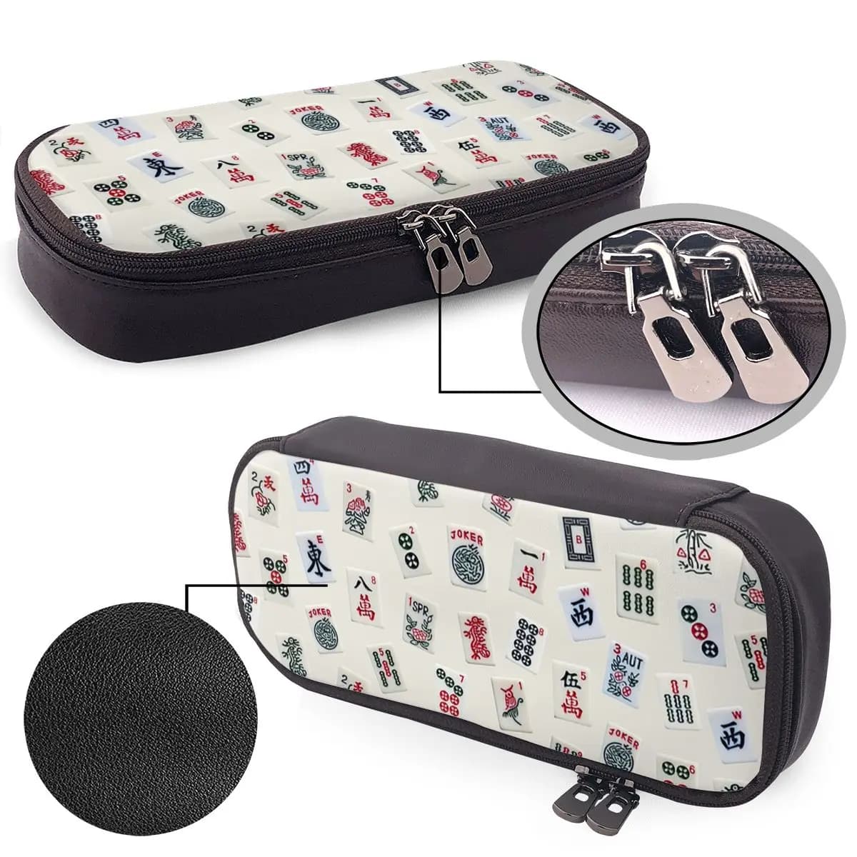 Mahjong Game Tiles Design Leather Pencil Case for Boys Girls Gifts Pen Box Pencil Bag Stationery Supplies Pen Holder Bag