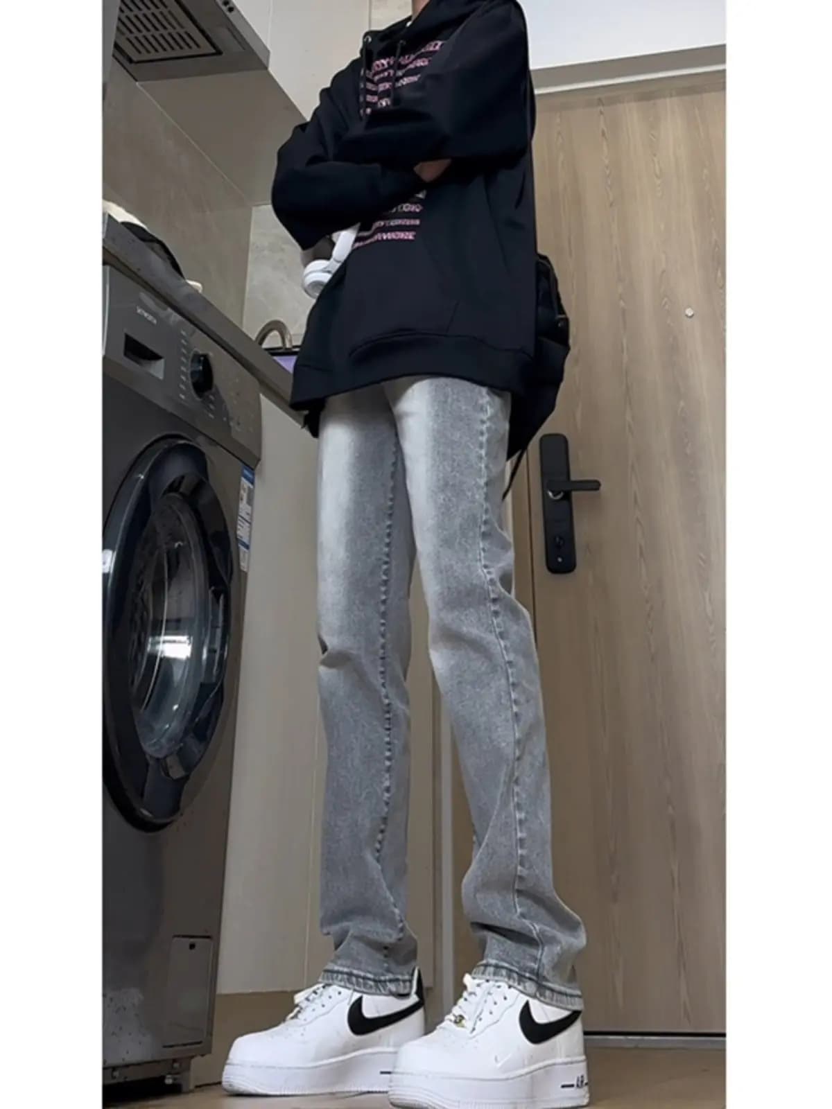 Jeans Slim Fit a Gamba Dritta da Uomo, Stile Americano High Street, CleanFit Grigio Fumo, Jeans Casual per Adolescenti