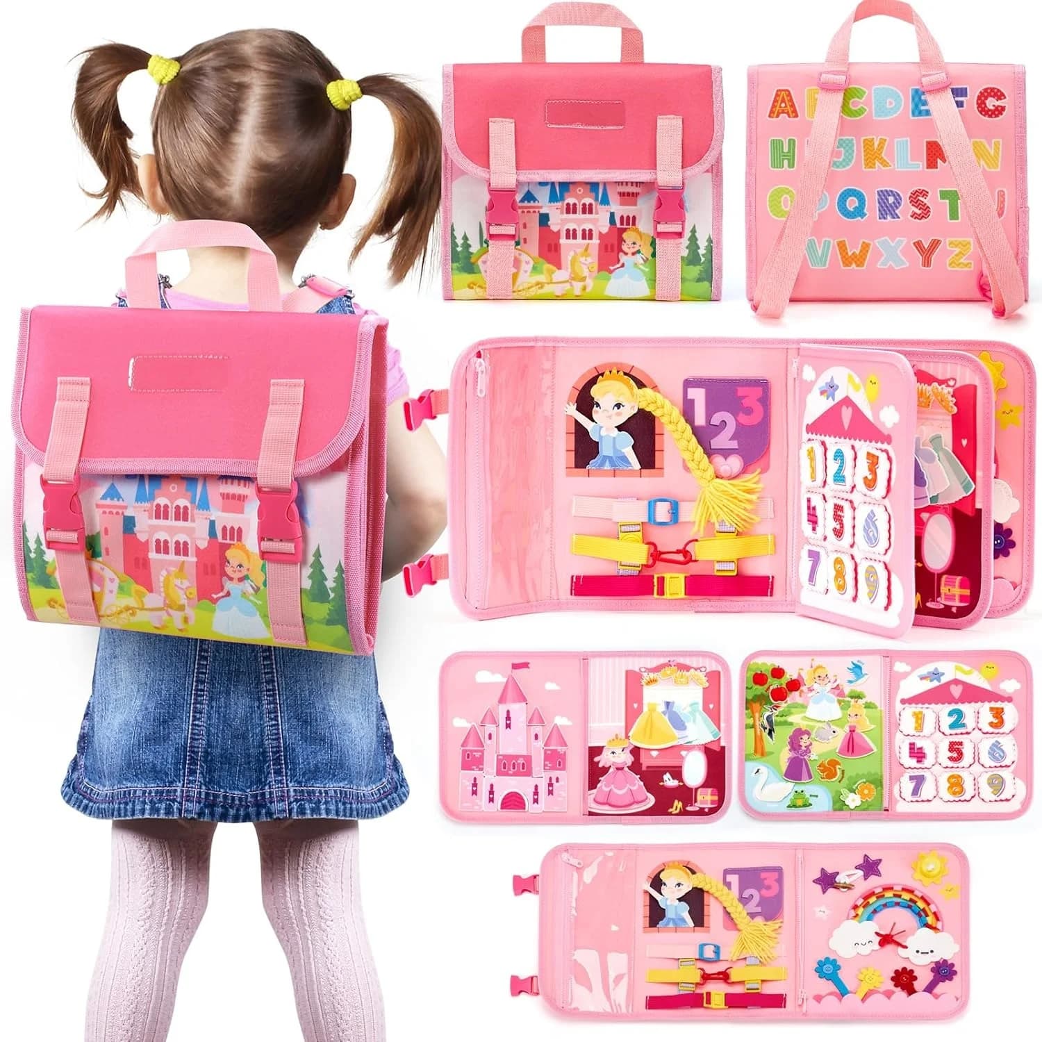 Giocattoli da tavolo occupati per bambini Abilità di vita Montessori Giocattolo per l'apprendimento Giocattoli sensoriali per bambini Zaino da viaggio per attività motorie fini per bambini