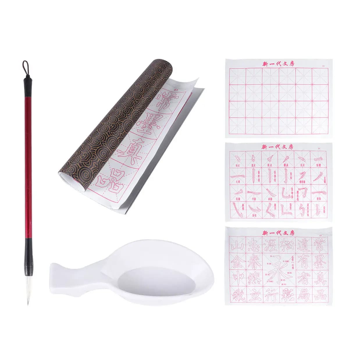 6Pcs Chinese Calligraphy Practicing Cloth Set Water Based No Ink Writing Mat Gridded Felt Surface for Brush Strokes Practice