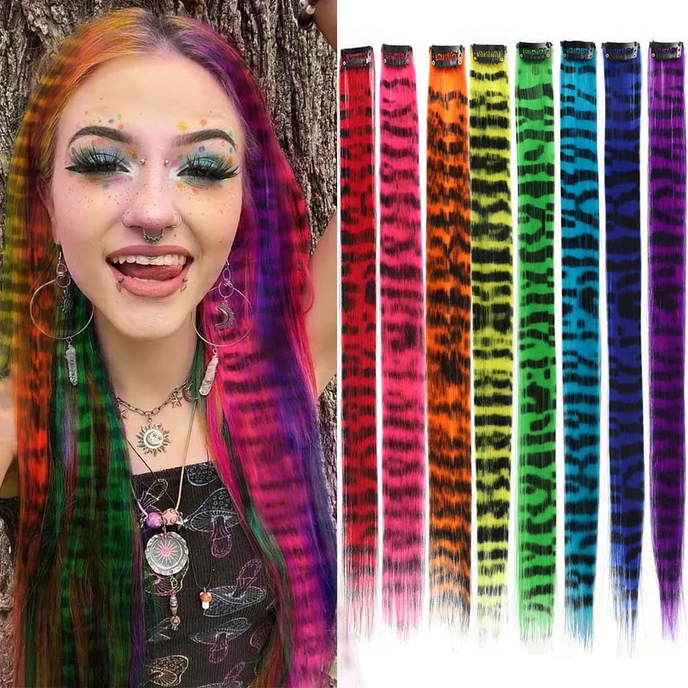 8 Pezzi di Extension per Capelli Colorati da 18 Pollici con Stampa a Strisce Animali, Clip per Capelli Sintetici con Piume per Cosplay, Feste, Festival, Stile Y2K
