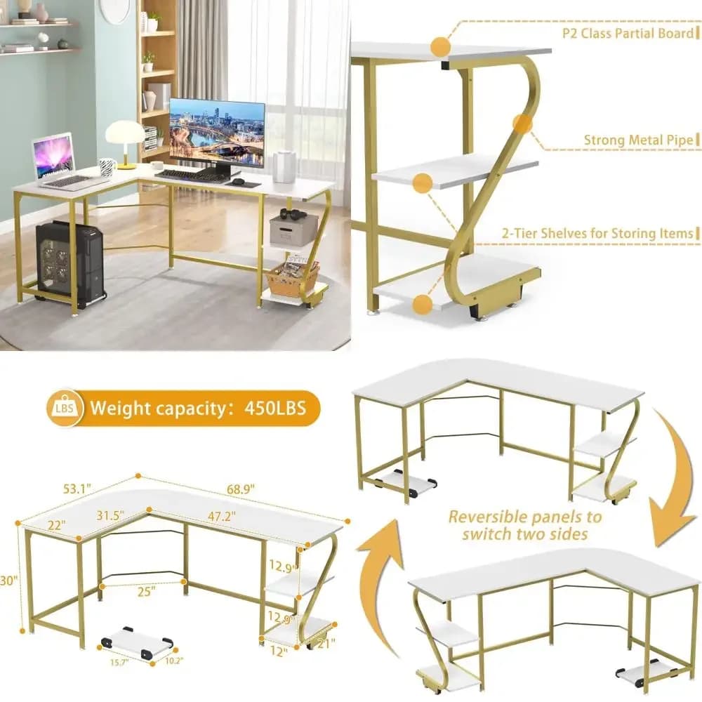 Scrivania a L bianca e dorata con ripiani portaoggetti, supporto per monitor del computer e spazio per stampante per l'home office