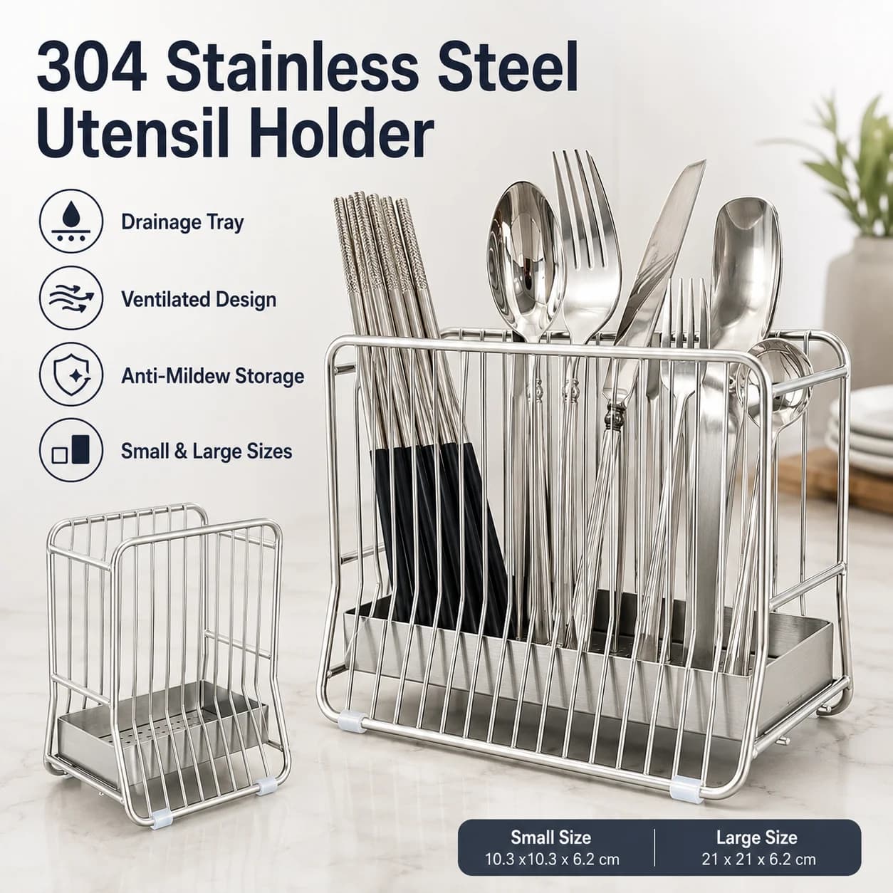 304 Stainless Steel Chopstick Holder with Drain Tray, Ventilated Cutlery Rack for Spoons Forks Knives and Kitchen Counter