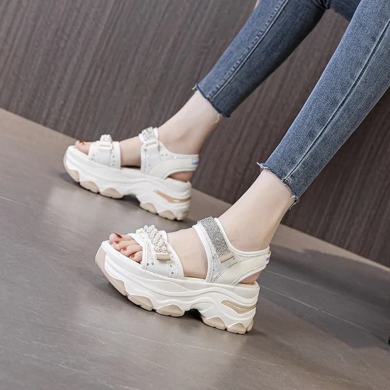 Women Crystal Diamond Sandals 7cm Chunky Heel Ultra Light Anti-slip Outdoor Sports Shoes Thick Platform Slipper Comfortable Beac