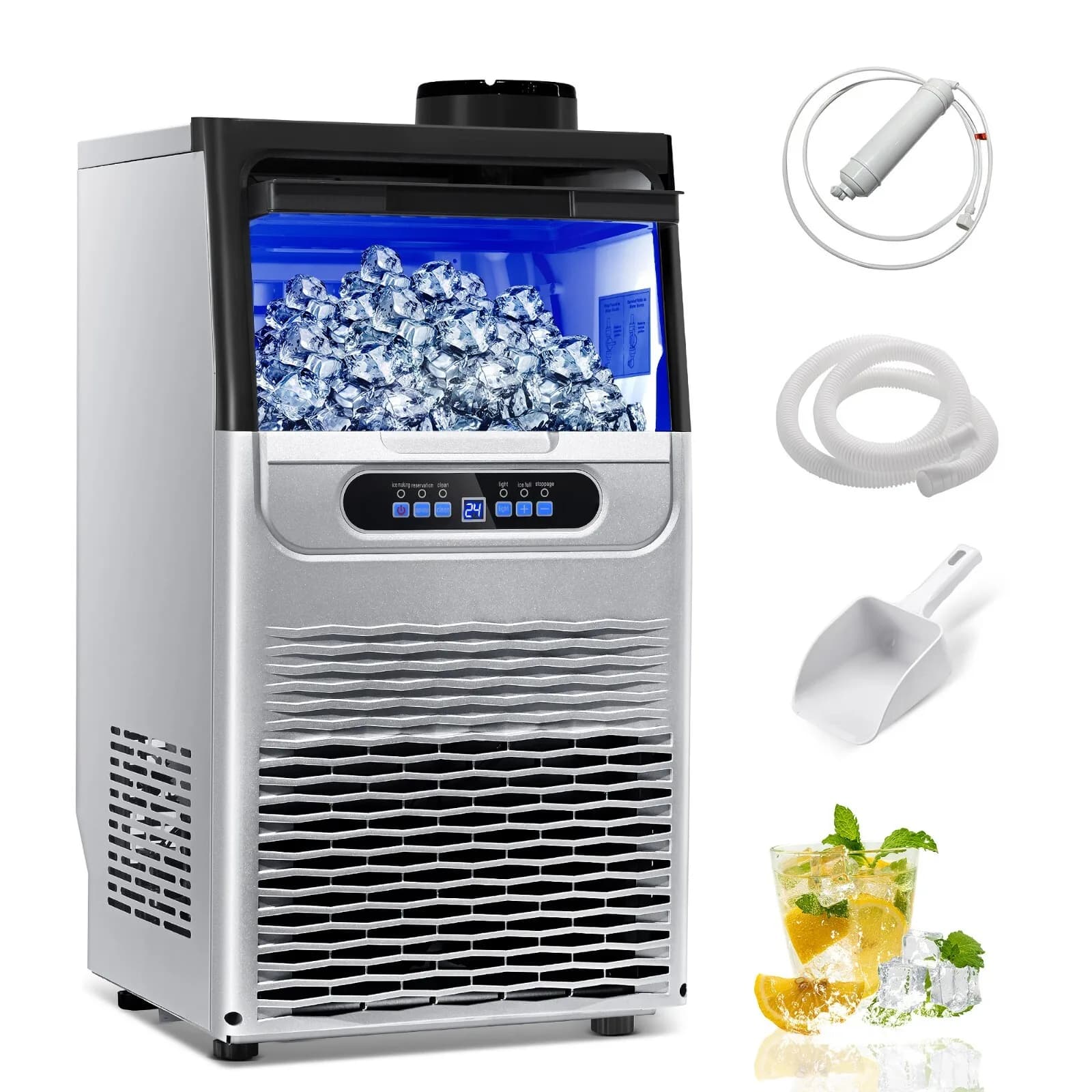 Macchina per il Ghiaccio Commerciale da 100 libbre in Acciaio Inox, Produttore di Cubetti Integrato per Bar e Ristoranti