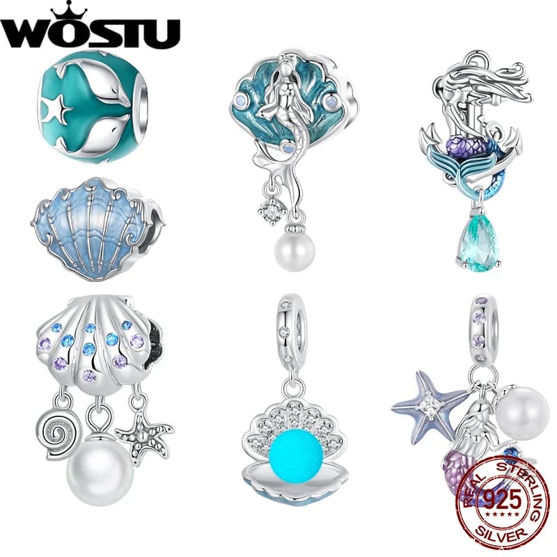 WOSTU 925 Sterling Silver Mermaid Pendant Ocean Shell Charm perline luminose Fit bracciale originale per le donne regalo di gioielleria fai da te