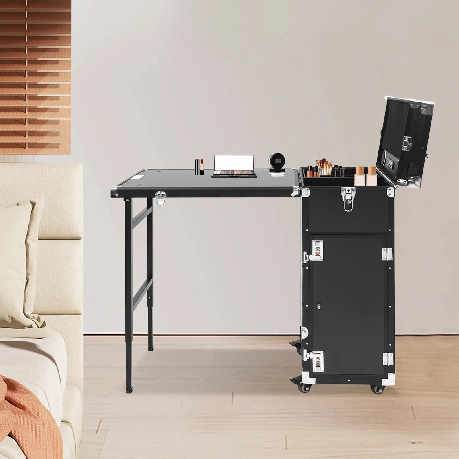 Carrello cosmetico nero abilitato Bluetooth con 2 altoparlanti incorporati, multi-zona di archiviazione, tavolo pieghevole + 4 cassetti, potenza lunga 5,91 piedi