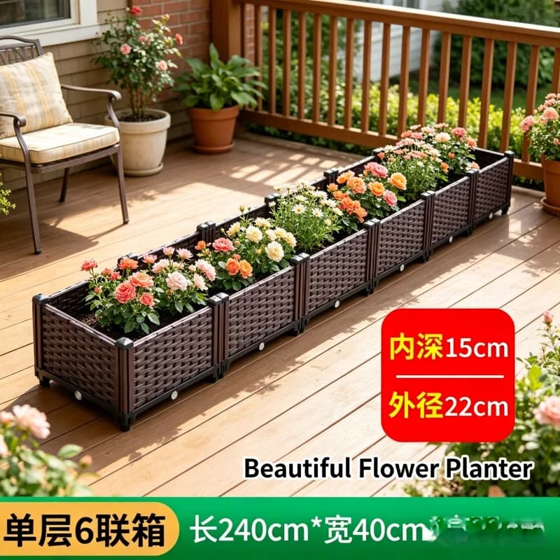 Fioriera in Plastica Extra Large 240x40x22cm a 6 Scomparti, Monostrato, per Orto, Erbe Aromatiche, Giardino, Balcone, Patio