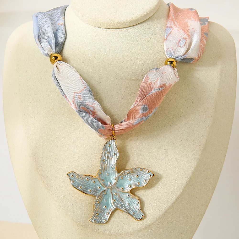INS Style Dopamine Starfish Necklace with 18K Gold Plated Pendant, Colorful Ribbon Chain, Stainless Steel Necklace, Women's Jewelry