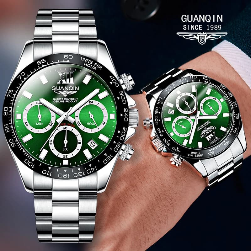 High-end GUANQIN men's watches, quartz watch with steel strap, chronometer, waterproof, bright, sporty, gift idea for man.