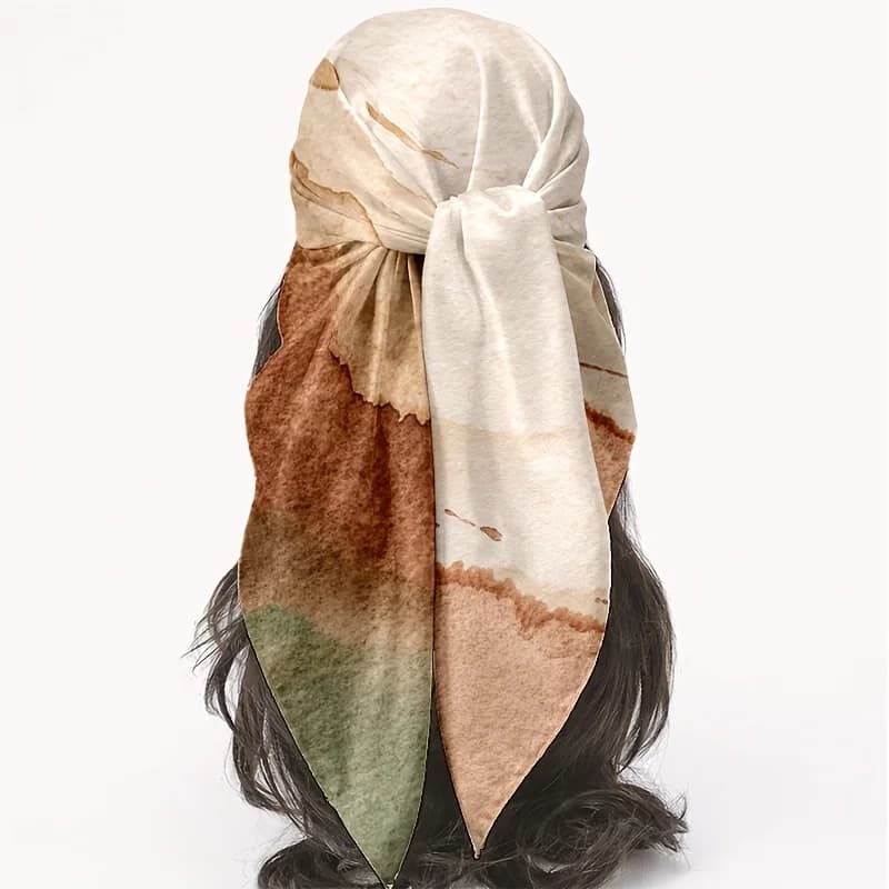 1pc 35-inch Headscarf, Scarf, or Large Handkerchief, Featuring an Earth-tone Watercolor Smudge Texture with a Beige/ochre/olive Green Gradient. Lightweight, Comfortable, Breathable, and Non-stuffy, It's Easy to Wear and Fold. Suitable for Daily