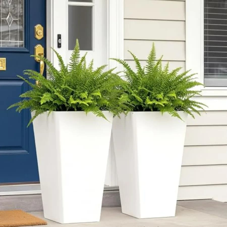 Garden 20 Tall Planters Set of 2 Large White Tapered Plastic Flower Pots for Indoor Outdoor Use Modern Plant Containers with Dr