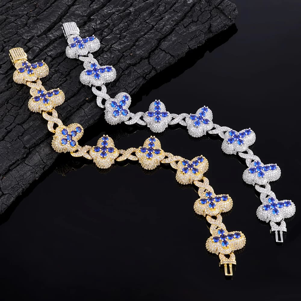 NY Hip Hop Style Customized Blue and White Zircon Cuban Chain 20mm Wide Cross Iced Cube Zirconia Fashion Jewelry Gift Bracelet