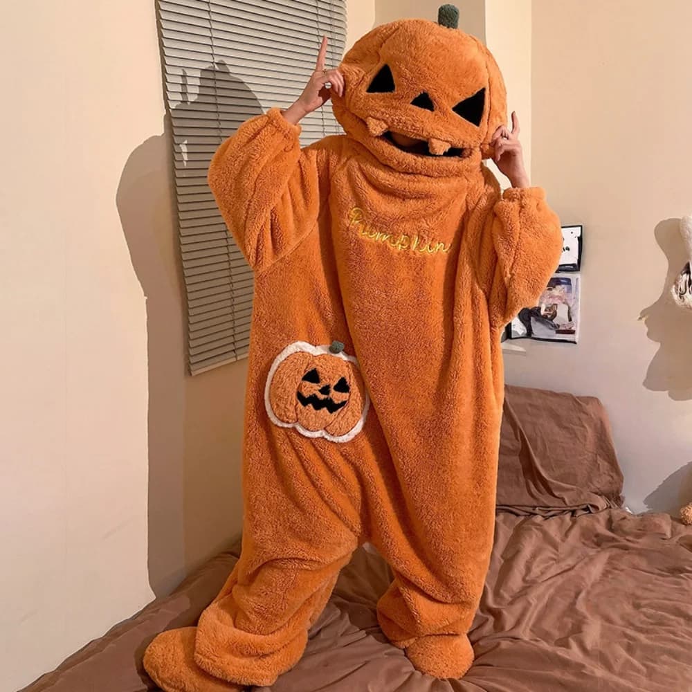 Halloween Funny Pumpkin Onesie Pajamas for Adult Autumn and Winter Plush Comfortable Homewear Casual Jumpsuit Loungewear