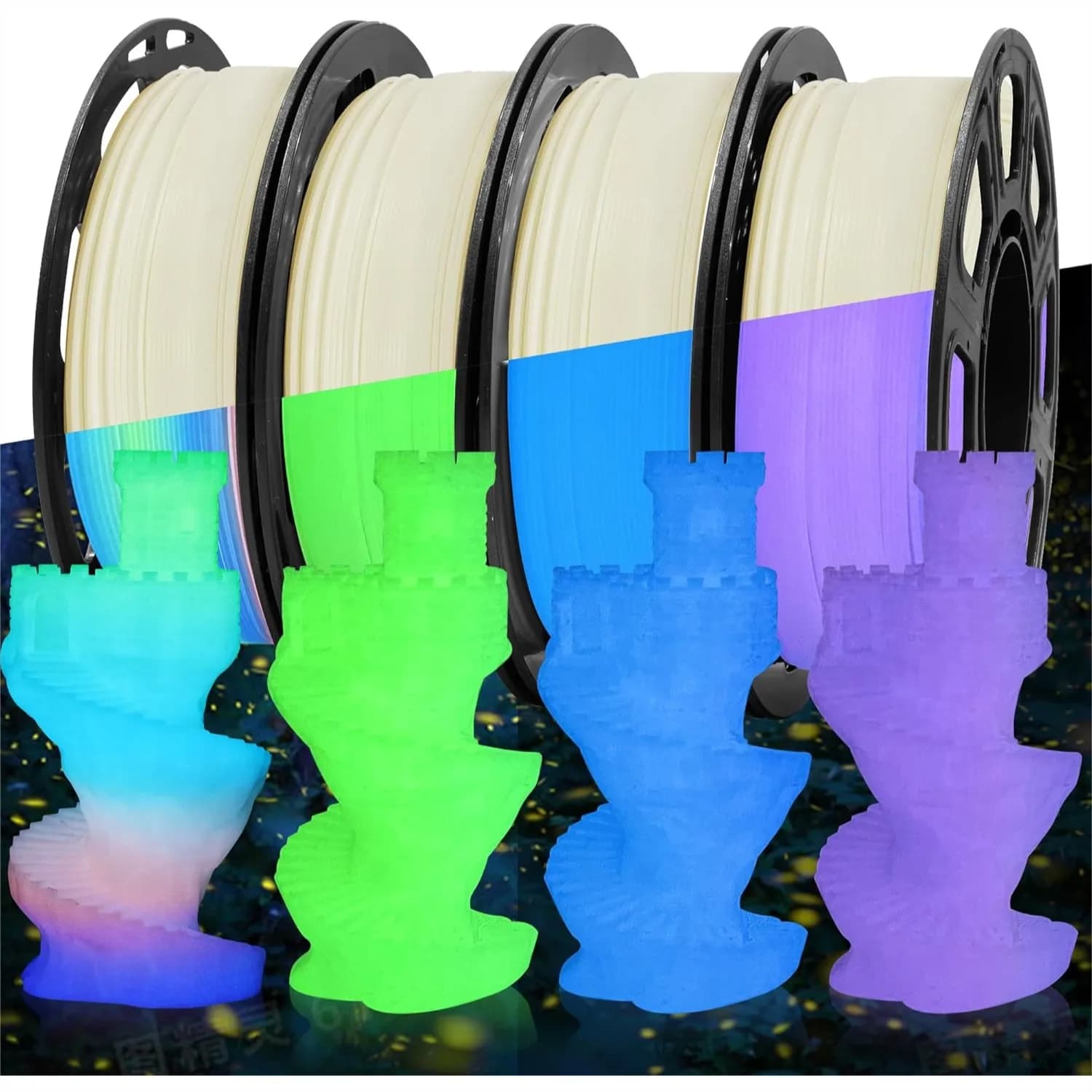 Filamento PLA Fluorescente, Set di 4 Colori Verde Blu Viola Arcobaleno, 250g per Bobina, Totale 1kg, per Stampante 3D