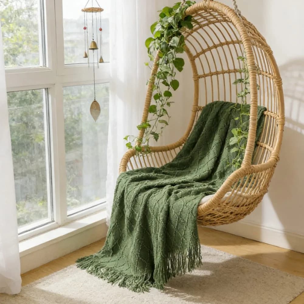 Large Military Green Cover in Maglia with Nappe, Plaid for Bed, Chair, Sofa, Cover, Spring Gift, Decorative Cover for Home, Soft and Comfortable