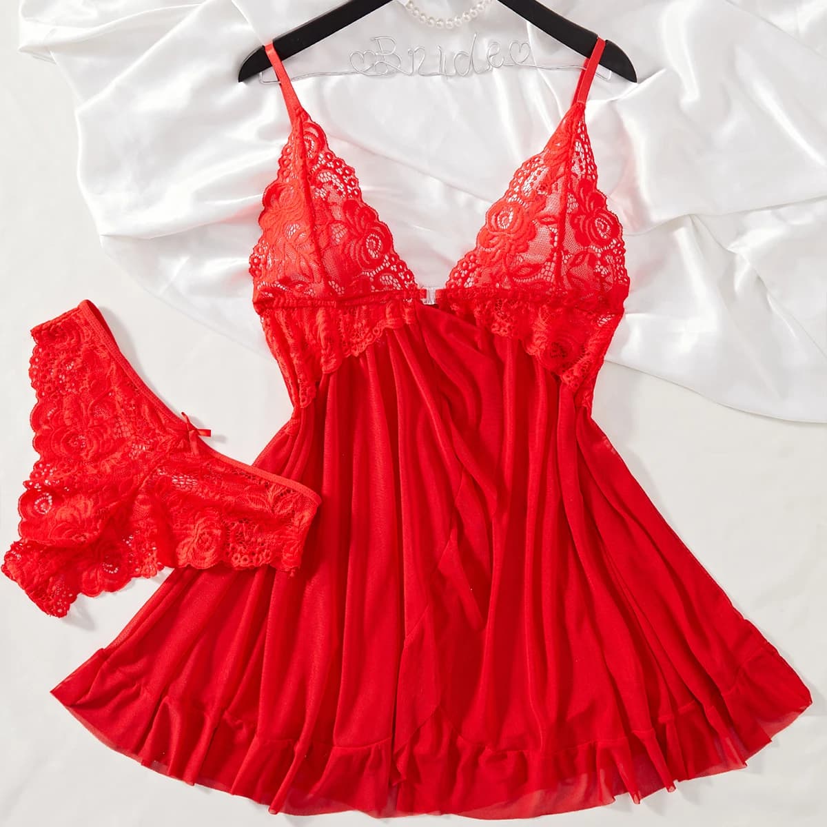 Estate squisito fiocco in pizzo tinta unita scollo a V bretella pigiama sexy da donna slim fit morbido vestiti per la casa biancheria intima set a due pezzi
