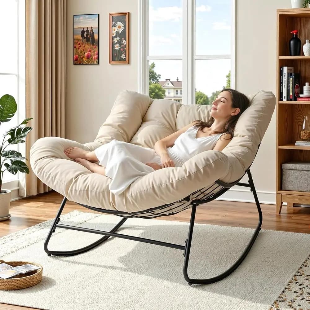 Poltrona a dondolo Papasan da interno, Poltrona a dondolo oversize con cuscino ispessito, Poltrona a uovo grande e confortevole da interno con portata di 450 libbre, Poltrona lounge accogliente