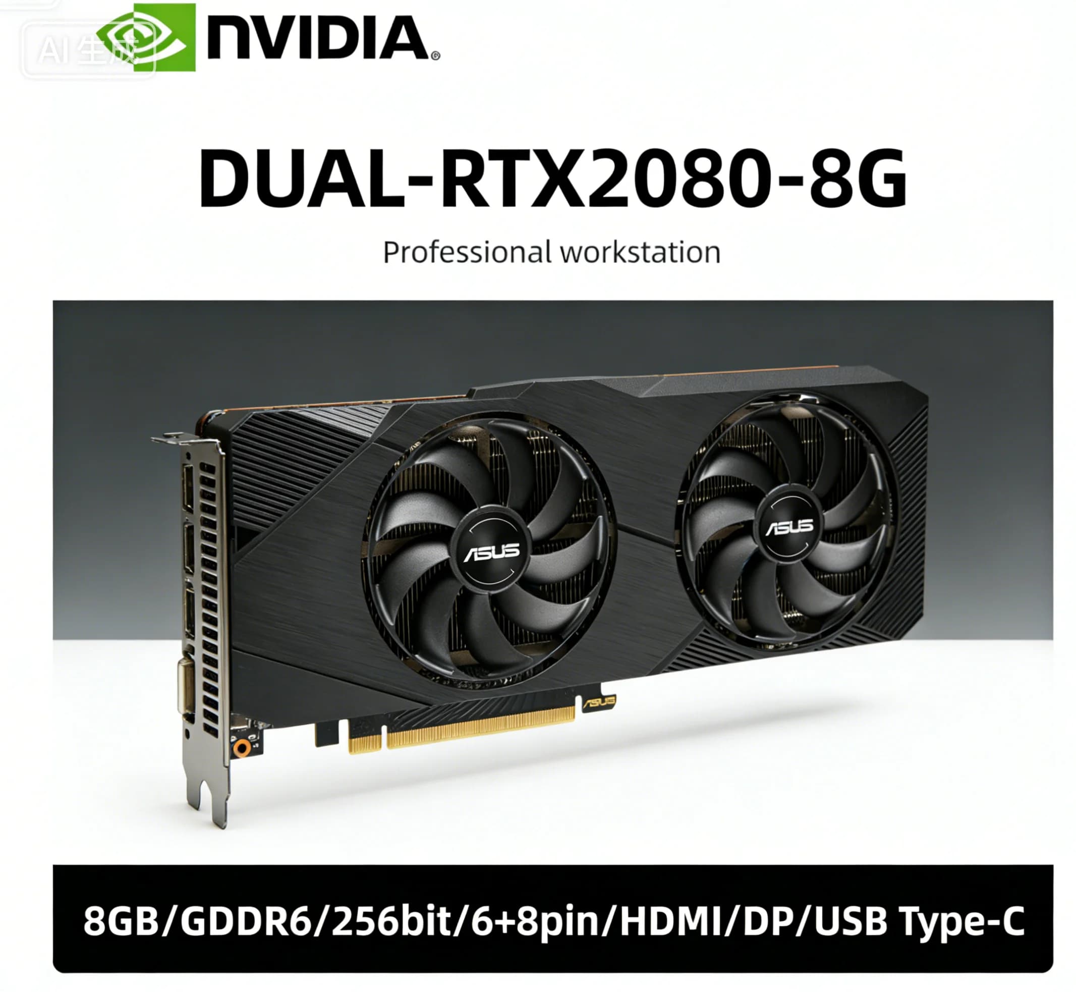 ASUS NVIDIA RTX 2080 DUAL-RTX2080-8G 8GB GDDR6 256bit GPU PCI-E 3.0 HDMI USB Type-C DP 6pin+8pin Raffreddamento a doppia ventola di livello entusiasta