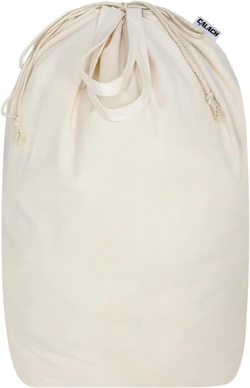 Heavy Duty Canvas Laundry Bag with Handles & Square Base, 13.8"x13.8"x27.6", Large Dorm Hamper Sack, Beige
