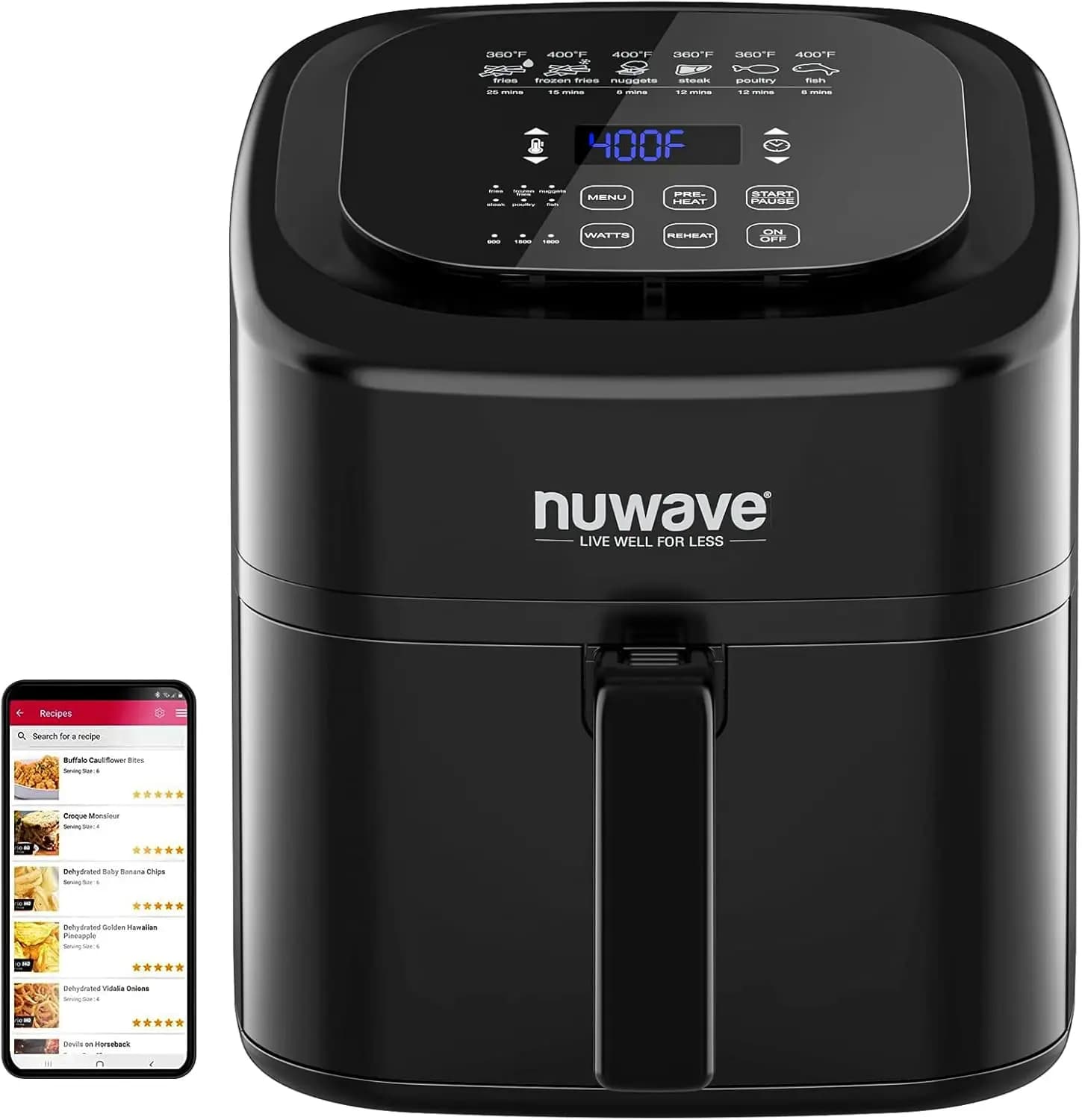 Friggitrice ad aria digitale da 6 litri con controlli One-Touch, 6 menu preimpostati e divisorio rimovibile, nera