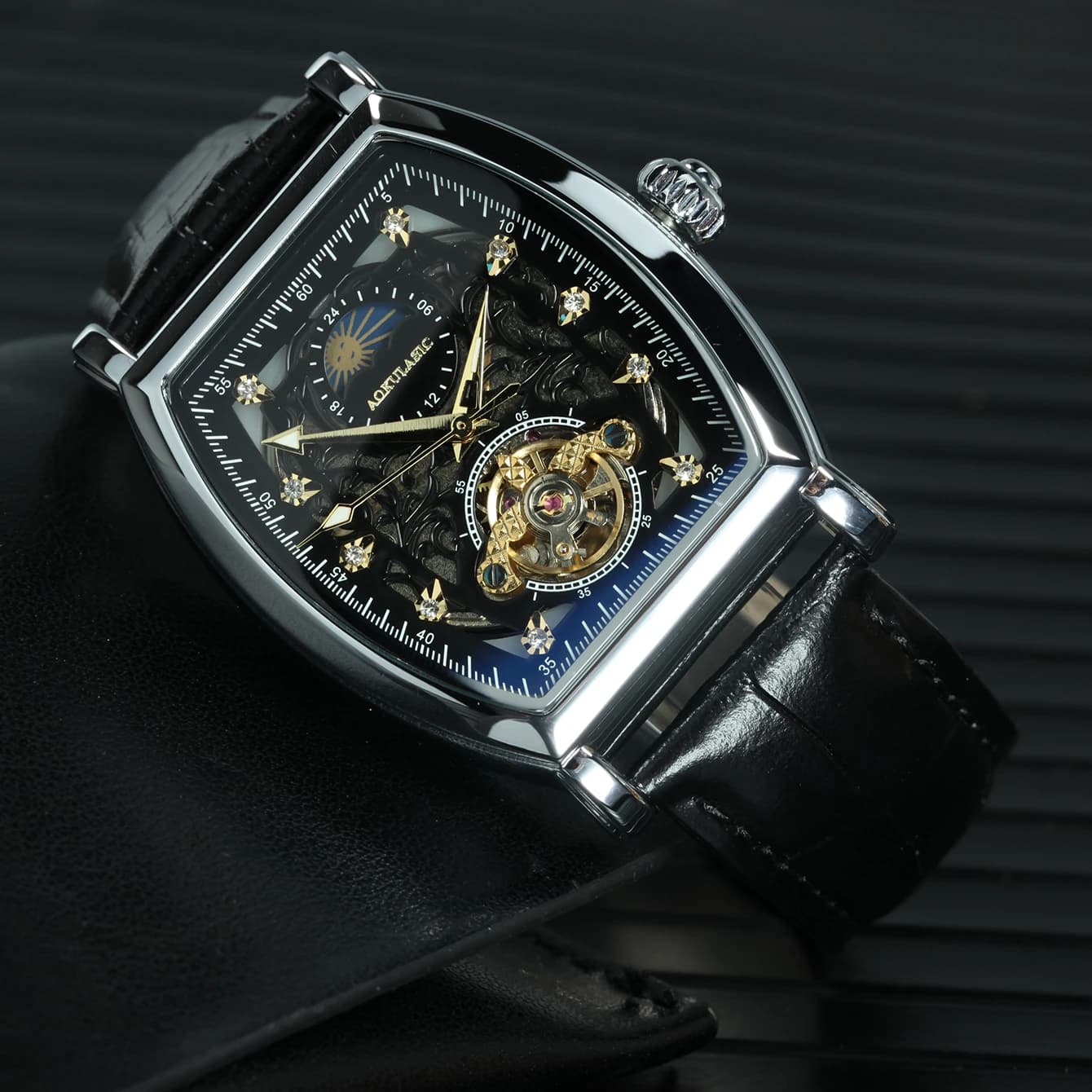 Watch Automatic AOKULASIC Tourbillon Mechanics with Moon Bezel and Dial, Leather Strap, Luxury Men's Watch