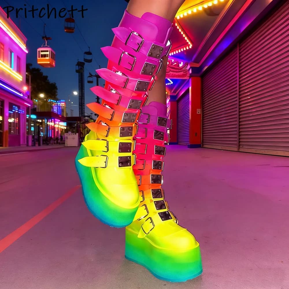 Boots with thick rainbow sole Short platform with back zip Round toe Shoes with metal buckle in canvas Belts with women's buckle Hot winter shoes