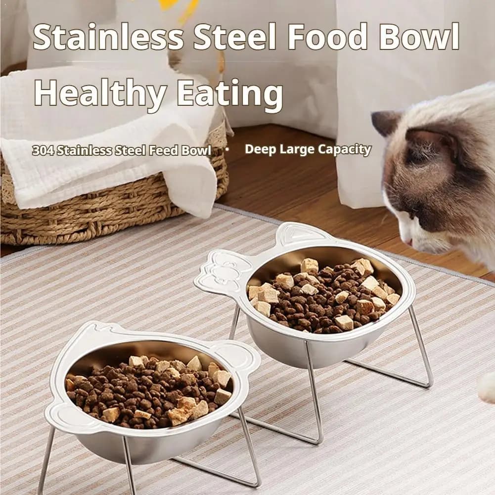 Raised Cat Bowl 304 Stainless Steel Tilted Elevated Pet Feeder Neck Guard Stand Anti Vomiting Food Water Dishes Puppies