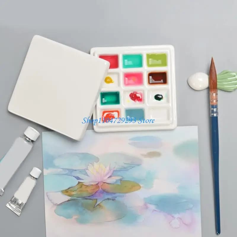 12 Grids Ceramic Mixing Tray Ceramic Mixing Palette Watercolor Paint Palette for Gouache Oil Acrylic Painting