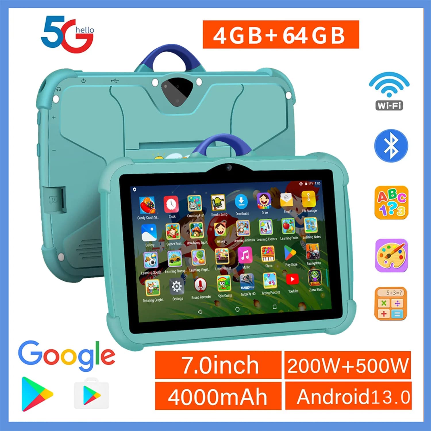 2025 Nuovo Arrivo 7 Pollici 5G WiFi Tablet Per Bambini Quad Core 4 GB di RAM 64 GB di ROM Google Learning Education Versione Doppia Fotocamera Tablet
