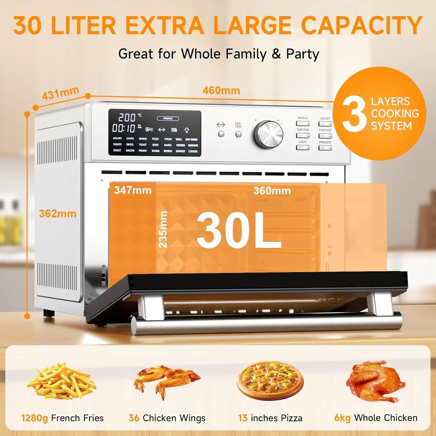 Large Capacity 30 L Air Fryer Oven 1800 W Convection Digital Toaster Oven Combo with Rserie and Dehydrate Modes