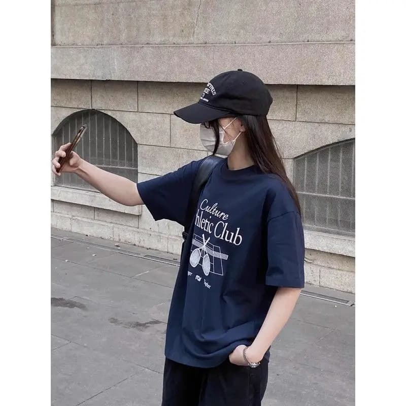Athletic Club Tennis Racket Graphic T Shirt for Women 100% Cotton Oversized Casual Streetwear Navy Blue 2026 New Streetwear