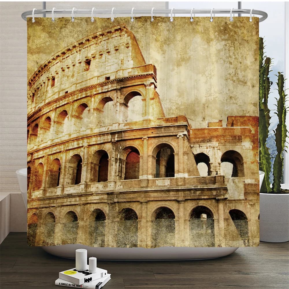 Tenda da doccia vintage con motivo Colosseo di Roma, in tessuto di poliestere impermeabile, con ganci, ad asciugatura rapida, lavabile, per il bagno
