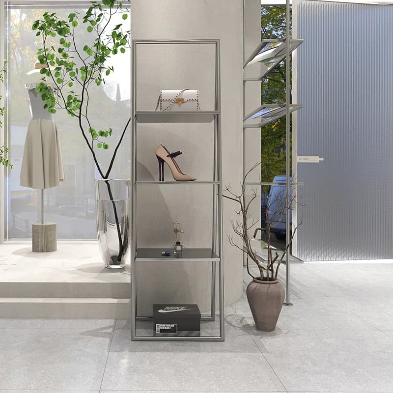 Negozio di abbigliamento scarpiera espositore in acciaio inossidabile spazzolato dal pavimento al soffitto creativo Nakajima scaffale multistrato ba