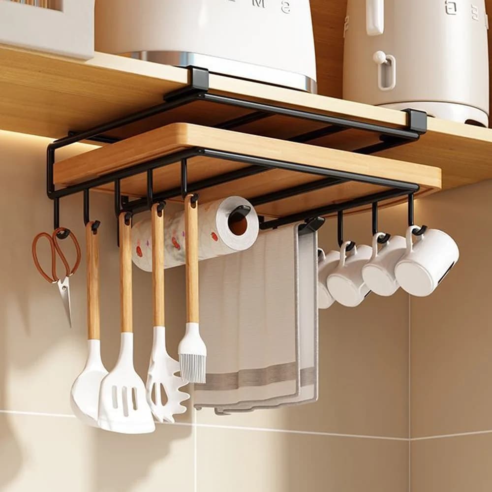 Organizzatore Salvaspazio per Cucina: Scaffale Sospeso Sotto Pensile con Ganci per Asciugamani, Taglieri e Coperchi di Pentole