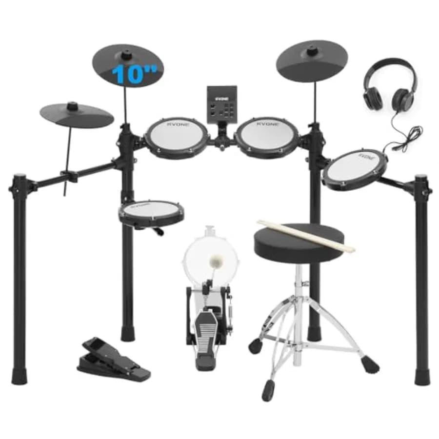 Batteria Elettronica con Pedale Kick Hammer, Kit Batteria Elettronica per Adulti Principianti con 150 Suoni, Piatti da 10 Pollici, 4 Pad in Mesh Silenziosi