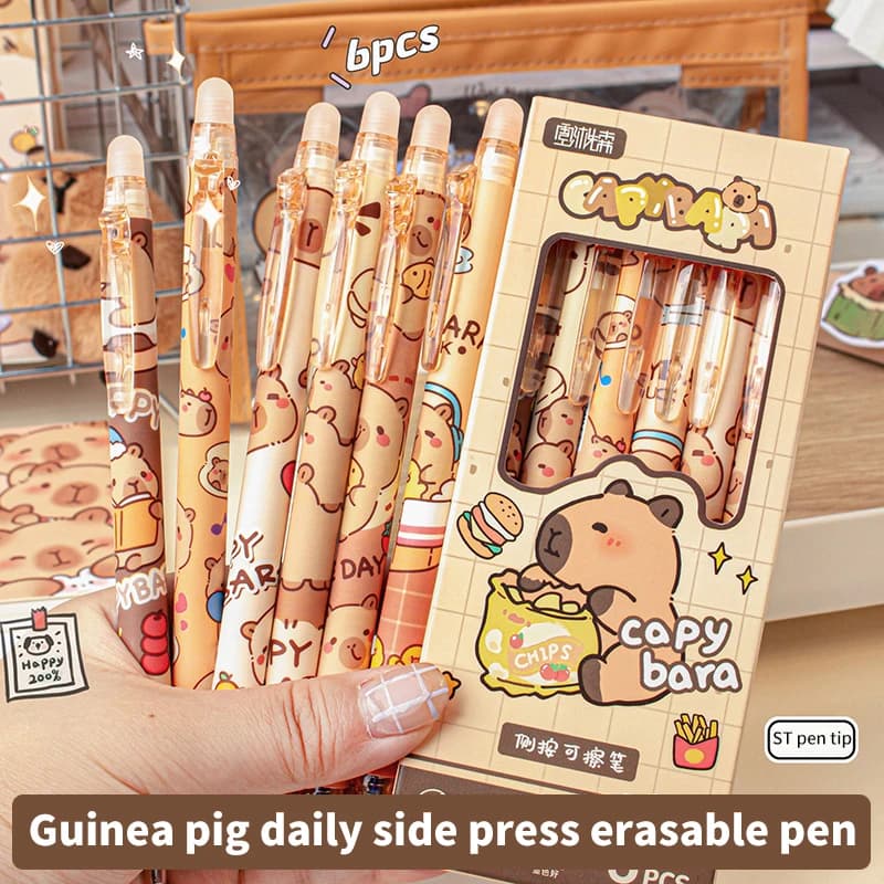 Set di 6 penne capibara in gel nero e blu, inchiostro ad asciugatura rapida, materiale scolastico per ufficio carino, cancelleria Kawaii