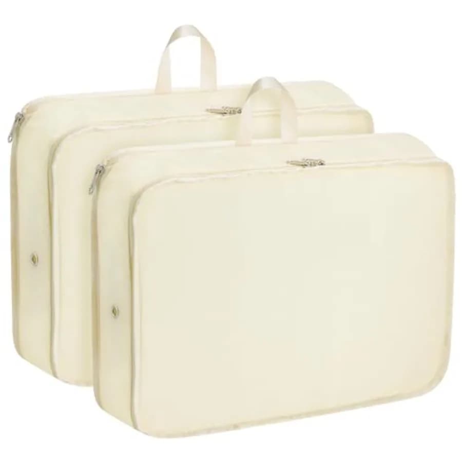 Cubi di Compressione Espandibili per Essenziali da Viaggio, Set da 2 Pezzi Beige, Organizzatori per Valigie, Borse Portaoggetti per Vestiti e Accessori