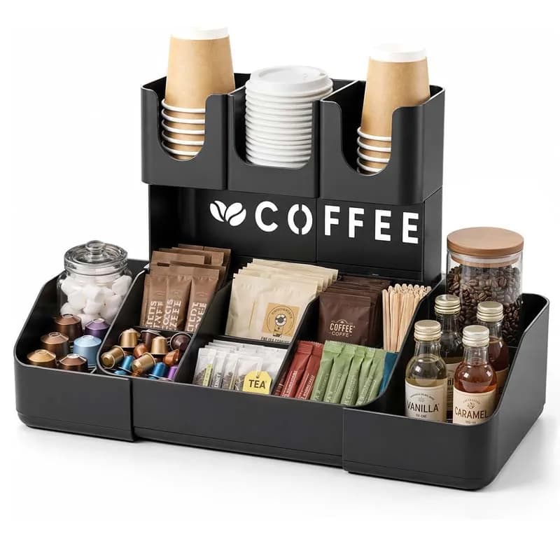 2 Tier Coffee Station Organizer For Countertop Office Home 11 Compartments Plastic Coffee Bar Organizers for Cups, Pods, Sugar