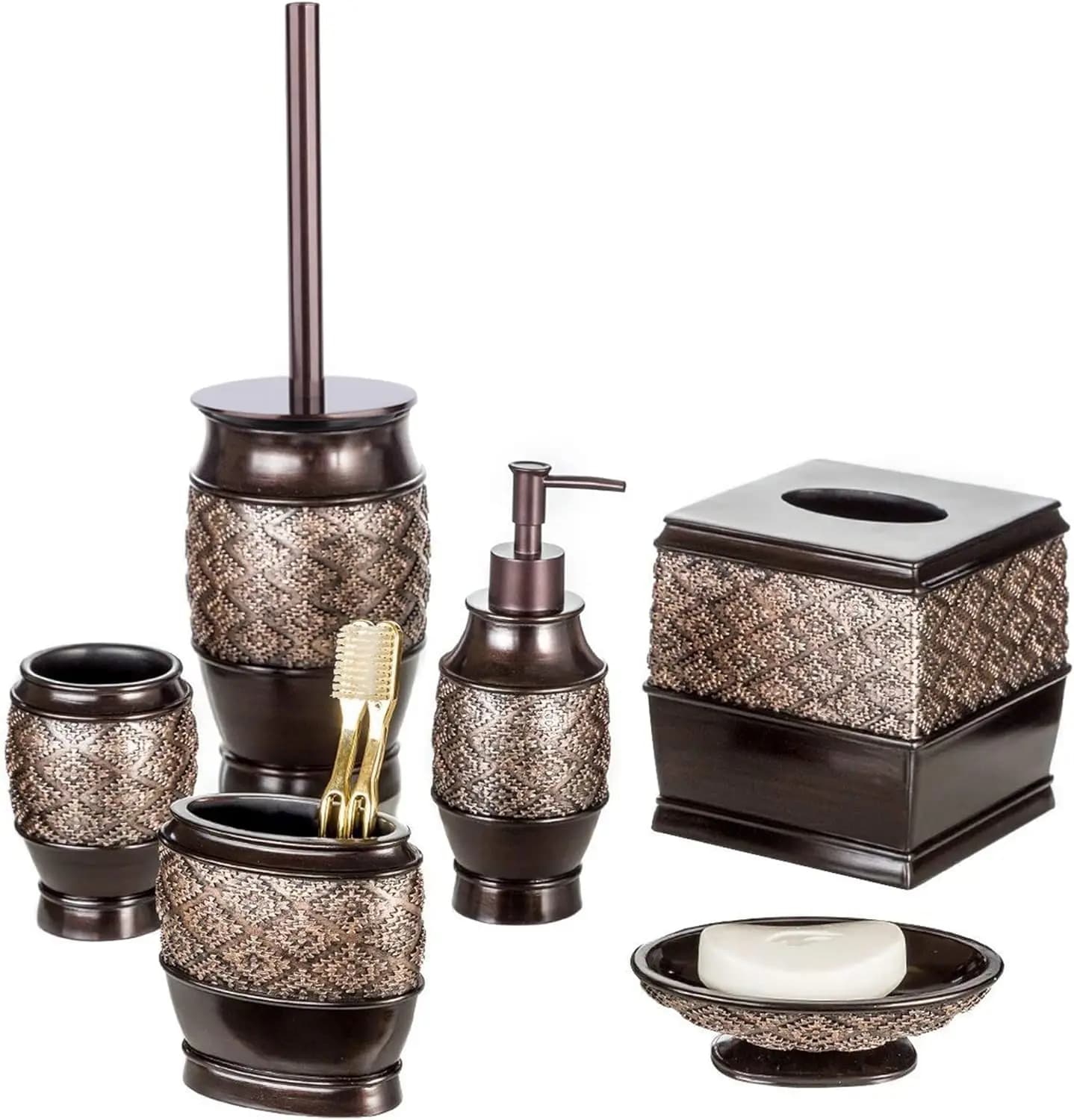 Set da Bagno Marrone 6 Pezzi con Scopino, Porta Carta Igienica, Dispenser Sapone, Porta Sapone Liquido, Porta Bicchieri e Porta Spazzolini