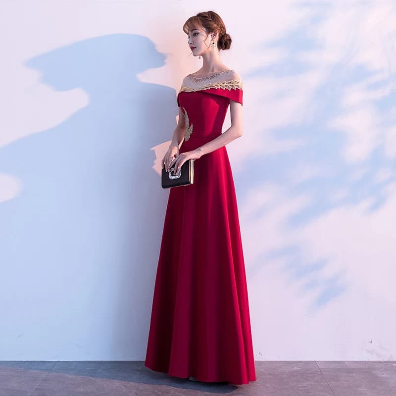 Red evening dress for women, Korean style, slim fit, short sleeves, U neckline, with waist belt, for wedding performance