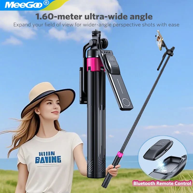 MeeGoo Selfie Stick Treppiede Bluetooth Remoto, 360 ° Rotazione, con supporto per treppiede anti-vibrazione e giunto cardanico intelligente a quattro assi per il nuovo live