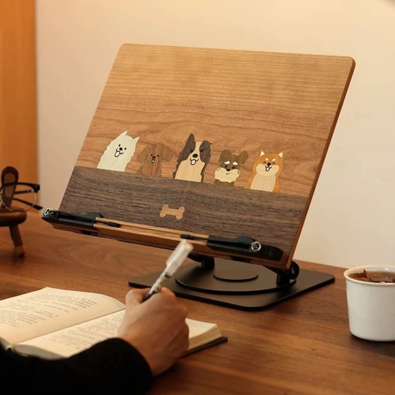 ✨Wooden Book Stand for Reading Kids Cartoon Puppy Design - Adjustable Desk Holder for Laptop & Tablet Ergonomic Posture Support