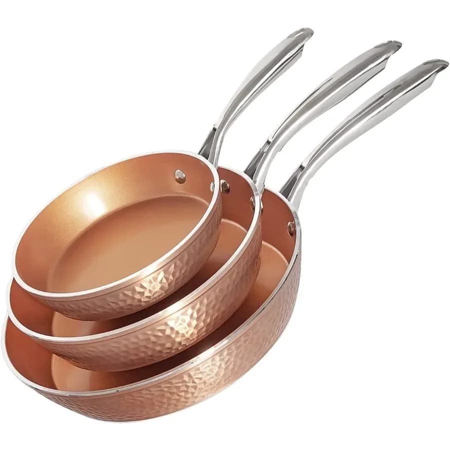 Hammered Frying Pan Set 3 Piece Nonstick Copper Fry Pans 8 10 and 12 Skillet Omelet Pan Dishwasher Safe Cool Touch Handle
