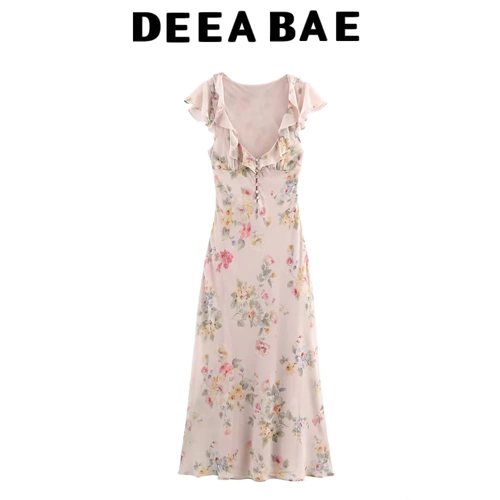 DEEABAE Autumn new women's clothing fashionable temperament sexy flower V-neck short sleeved MIDI dress