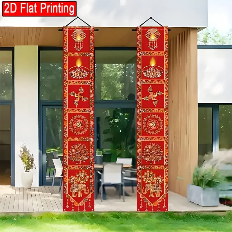 2 grandi tende per porte del festival indiano con motivo a lanterna rossa e dorata, decorazioni indiane diwali, bandiere da esterno
