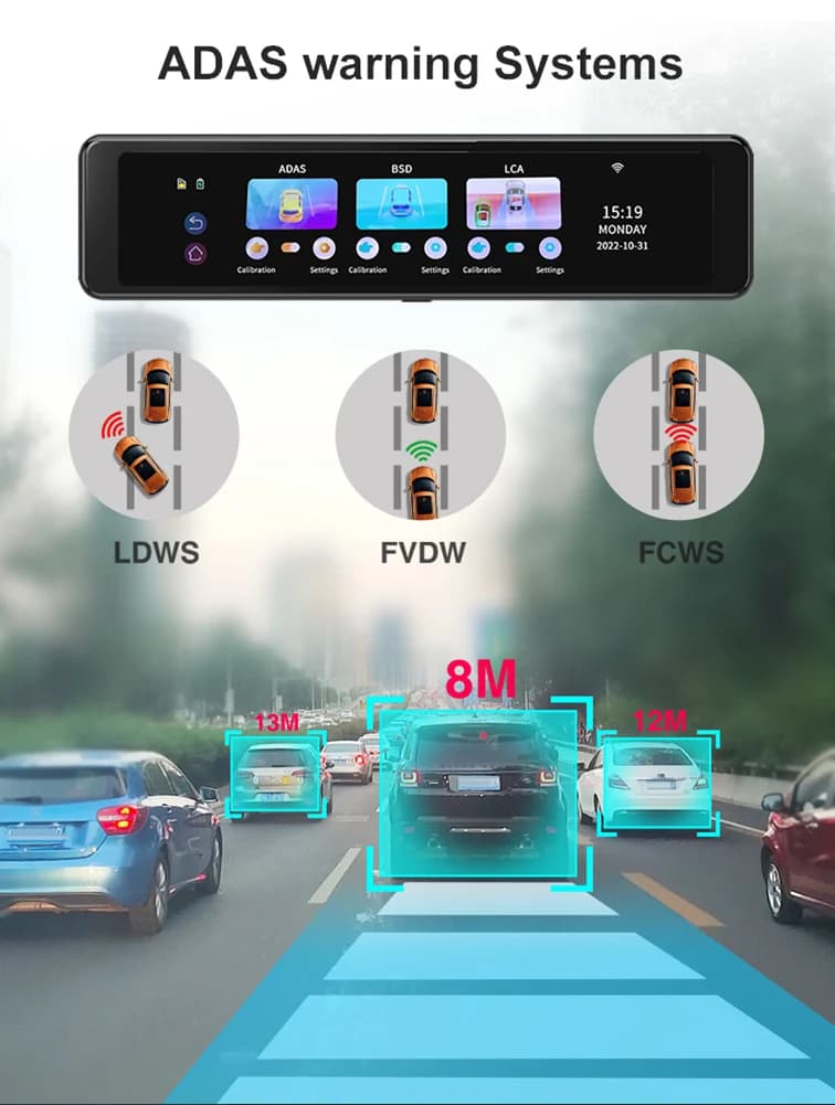 Specchietto retrovisore intelligente con dash cam 4K Wi-Fi e telecamera di retromarcia per auto e camion, con doppia telecamera anteriore/posteriore, visione notturna e funzione di parcheggio assistito.