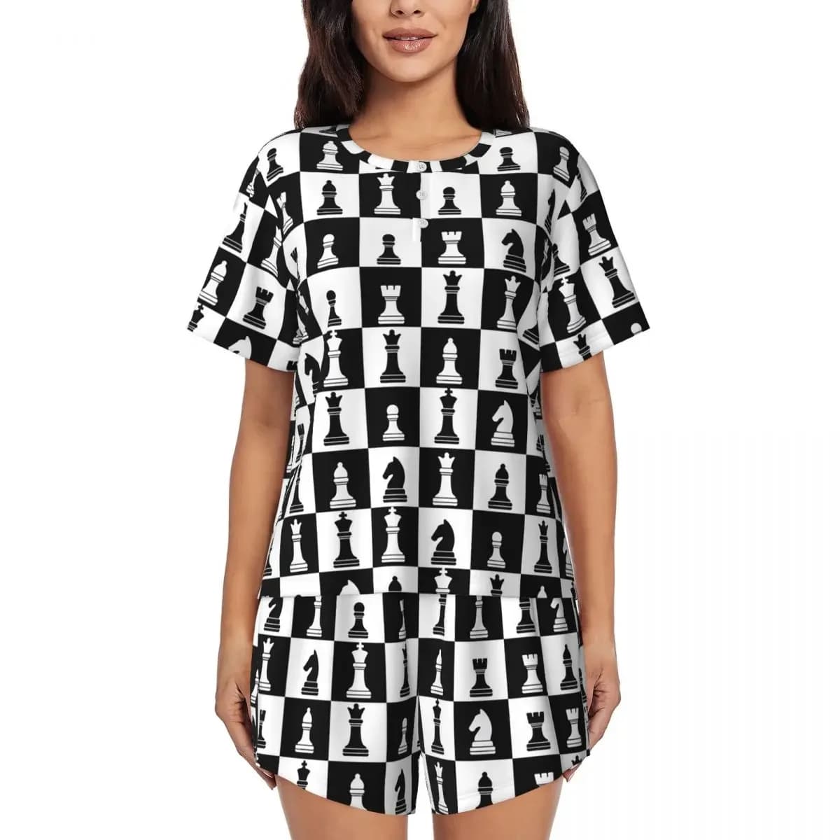 Black And White Chess Board Pattern Round Neck Short Sleeve Nightgowns for Sleeping Women Loose Pajama Set Short Pants