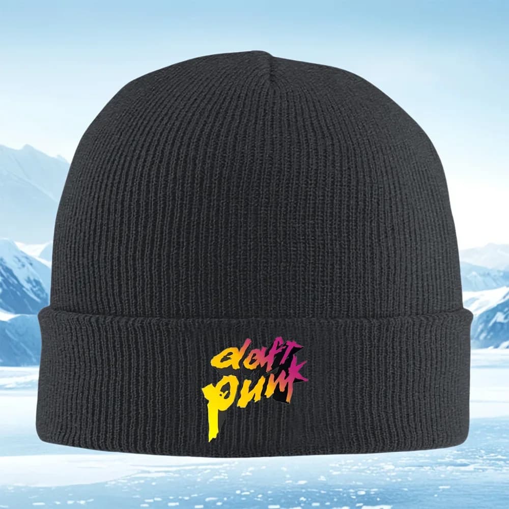 2026 Daft Punk logo,black background Men Women Unisex Knitted Hat Beanie Pullover Cap Winter Thermal Warm Christmas Outdoor Cycl