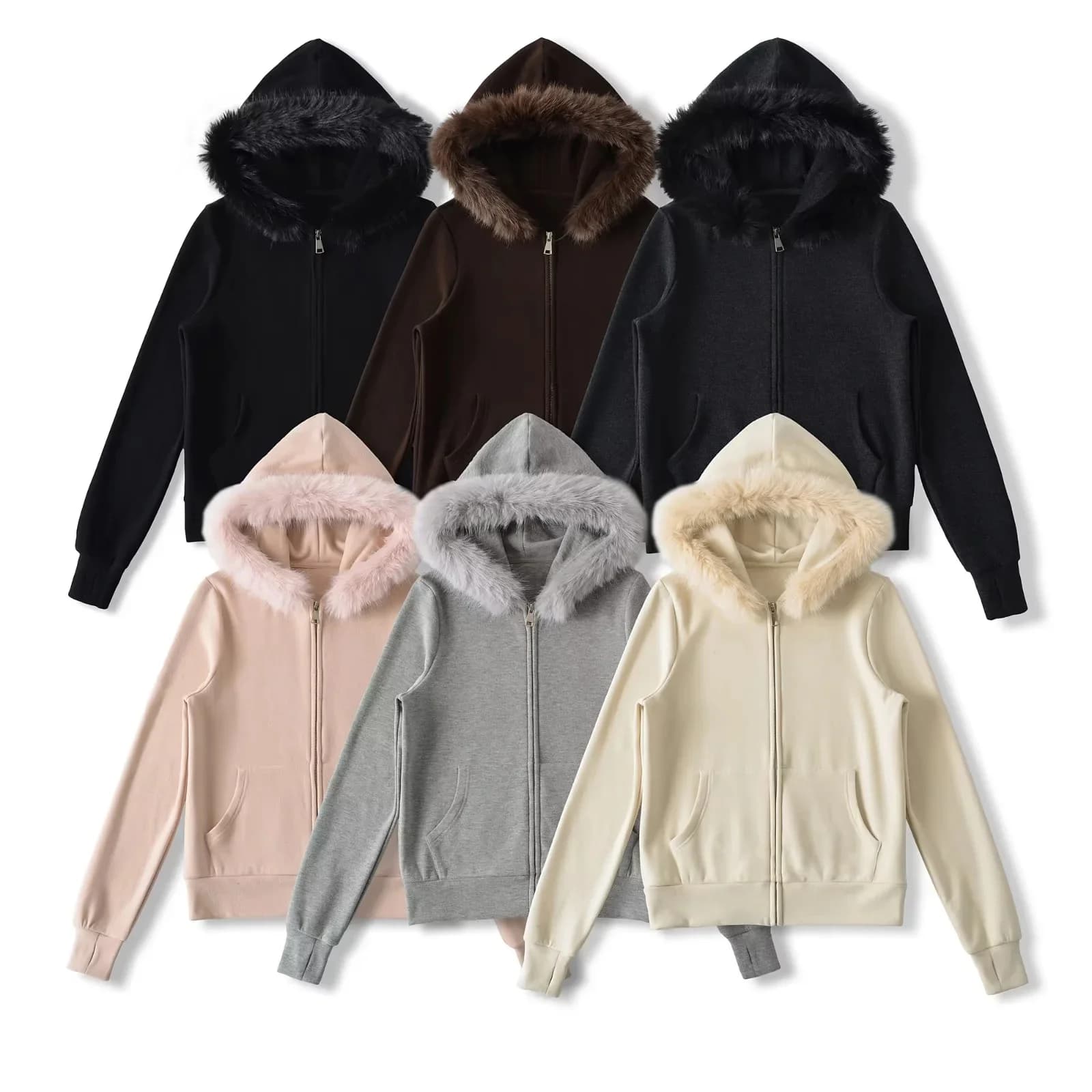 Casual Sportswear Set Autumn Winter New Style Fleece Lined Detachable Fur Collar Hoodie Jacket Low Waist Drawstring Flared Pants